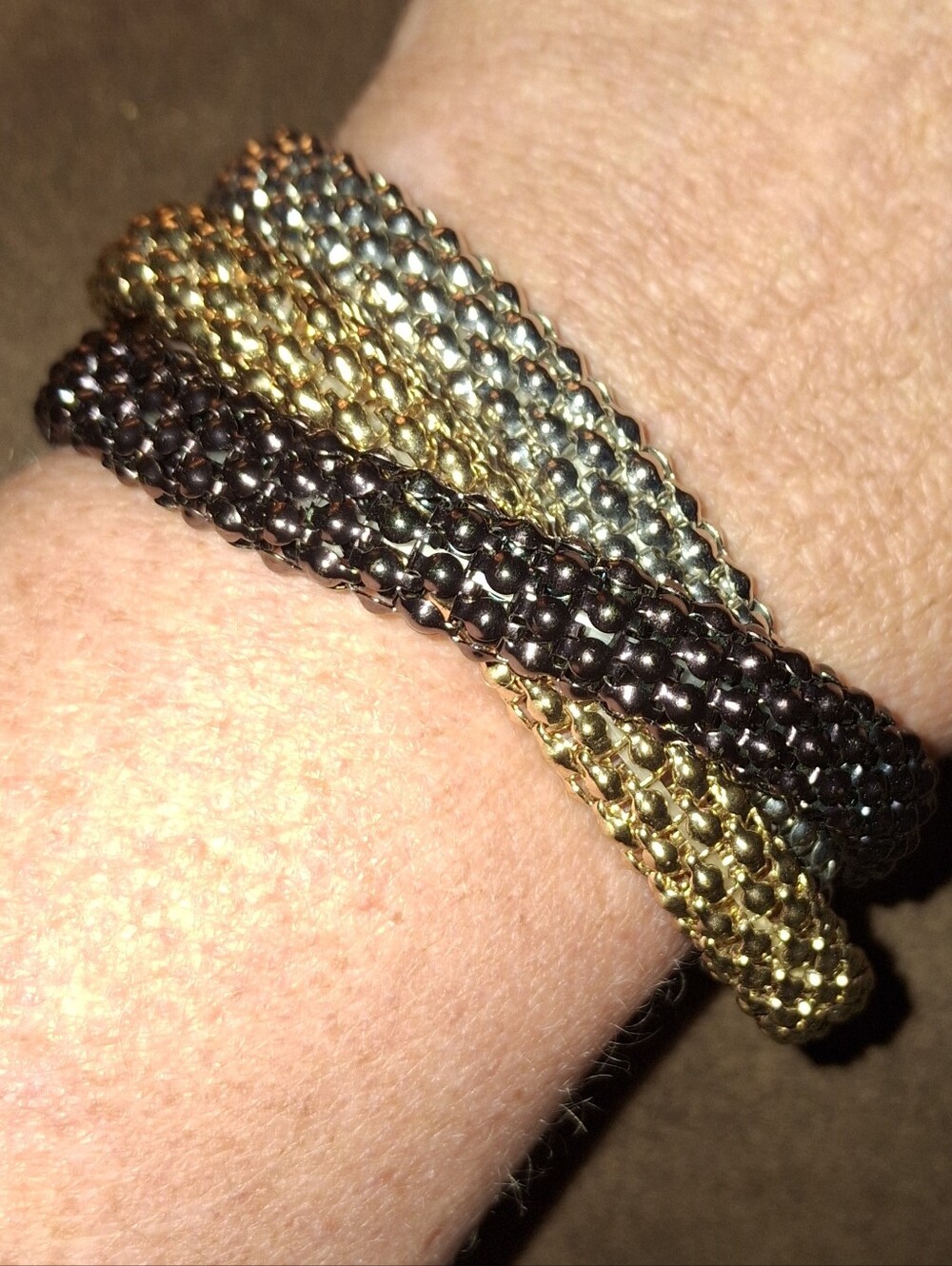 Trio-Tone Twisted Chain Interlocked Stretch Bracelet Gold, Silver, Purple Black